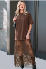 Red Sandalwood Floral Patchwork Short Sleeve T Shirt Loose Maxi Dress - MarkoFit