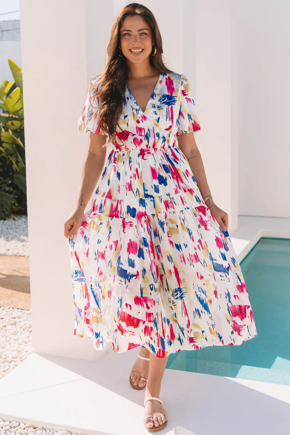 Rose Abstract Print Short Puff Sleeve Tiered Maxi Dress - MarkoFit