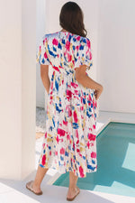 Rose Abstract Print Short Puff Sleeve Tiered Maxi Dress - MarkoFit