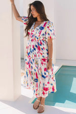 Rose Abstract Print Short Puff Sleeve Tiered Maxi Dress - MarkoFit