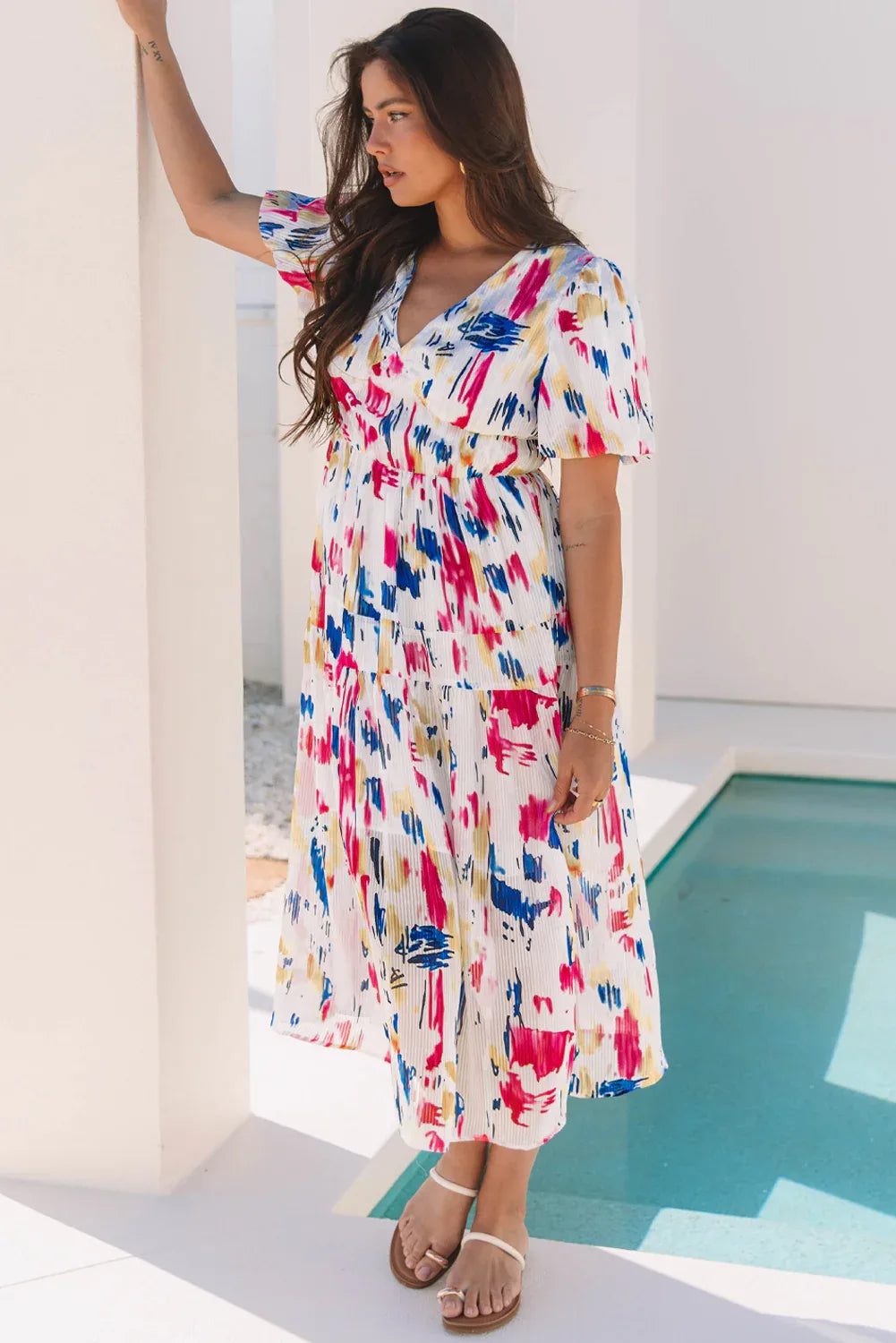 Rose Abstract Print Short Puff Sleeve Tiered Maxi Dress - MarkoFit