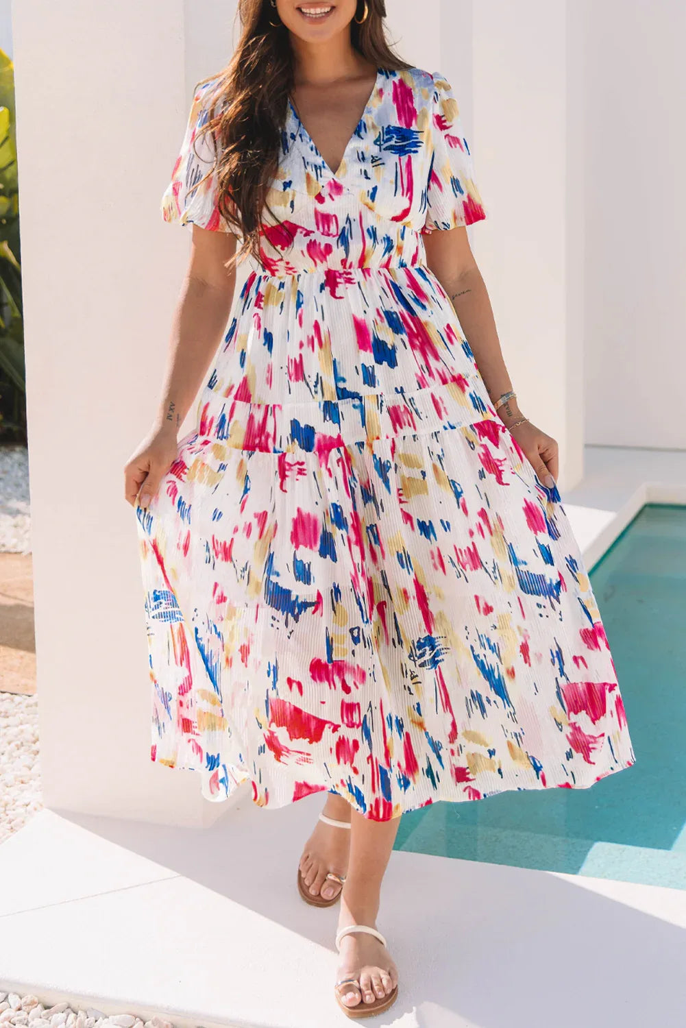 Rose Abstract Print Short Puff Sleeve Tiered Maxi Dress - MarkoFit