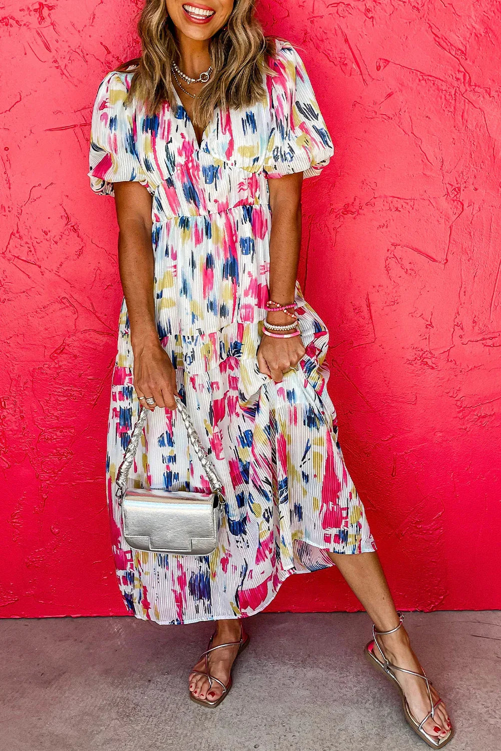 Rose Abstract Print Short Puff Sleeve Tiered Maxi Dress - MarkoFit