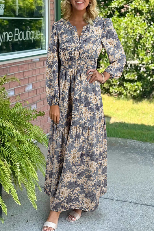 Sky Blue Floral Print Smocked High Waist Long Sleeve Maxi Dress - MarkoFit