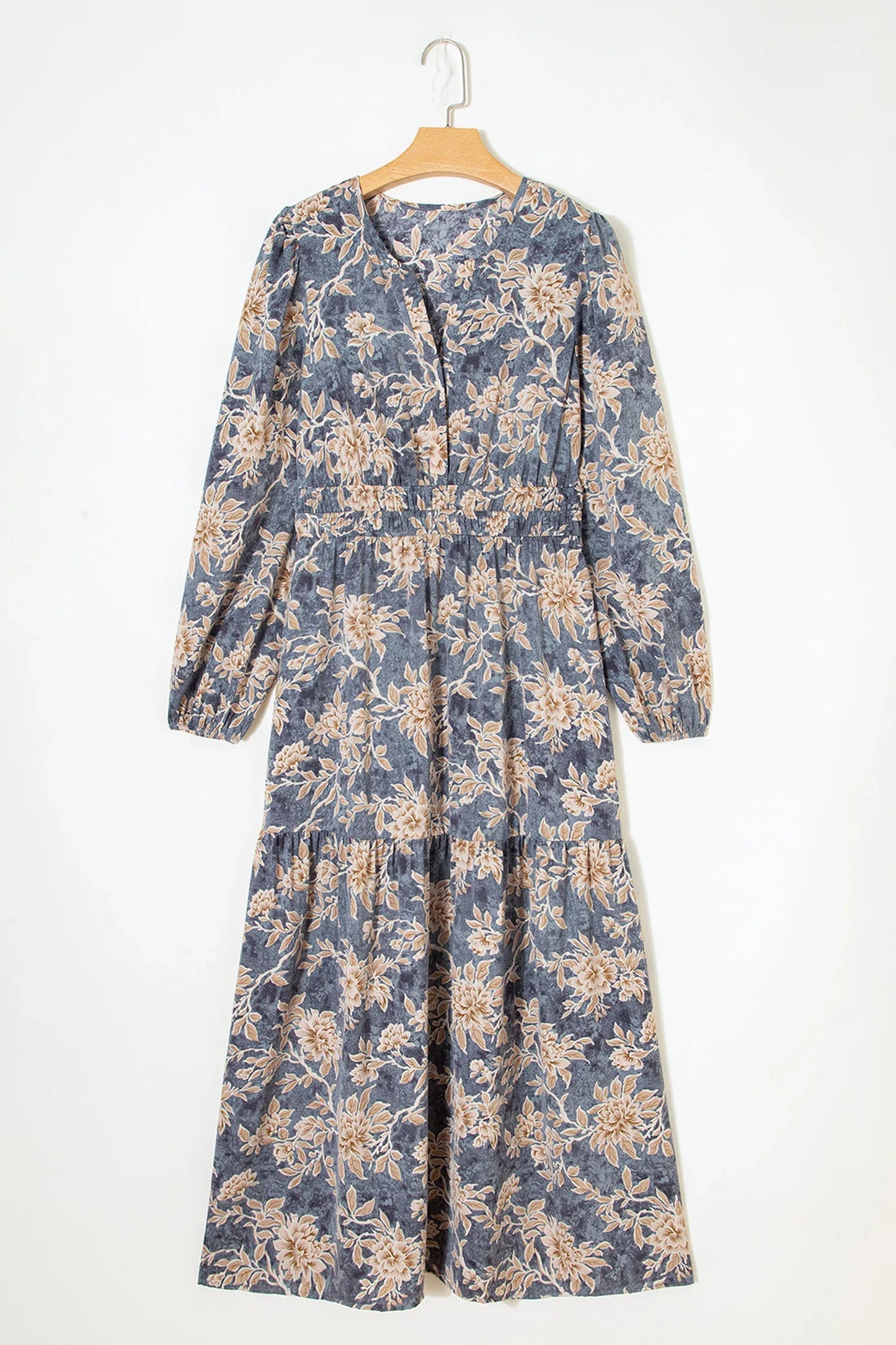 Sky Blue Floral Print Smocked High Waist Long Sleeve Maxi Dress - MarkoFit