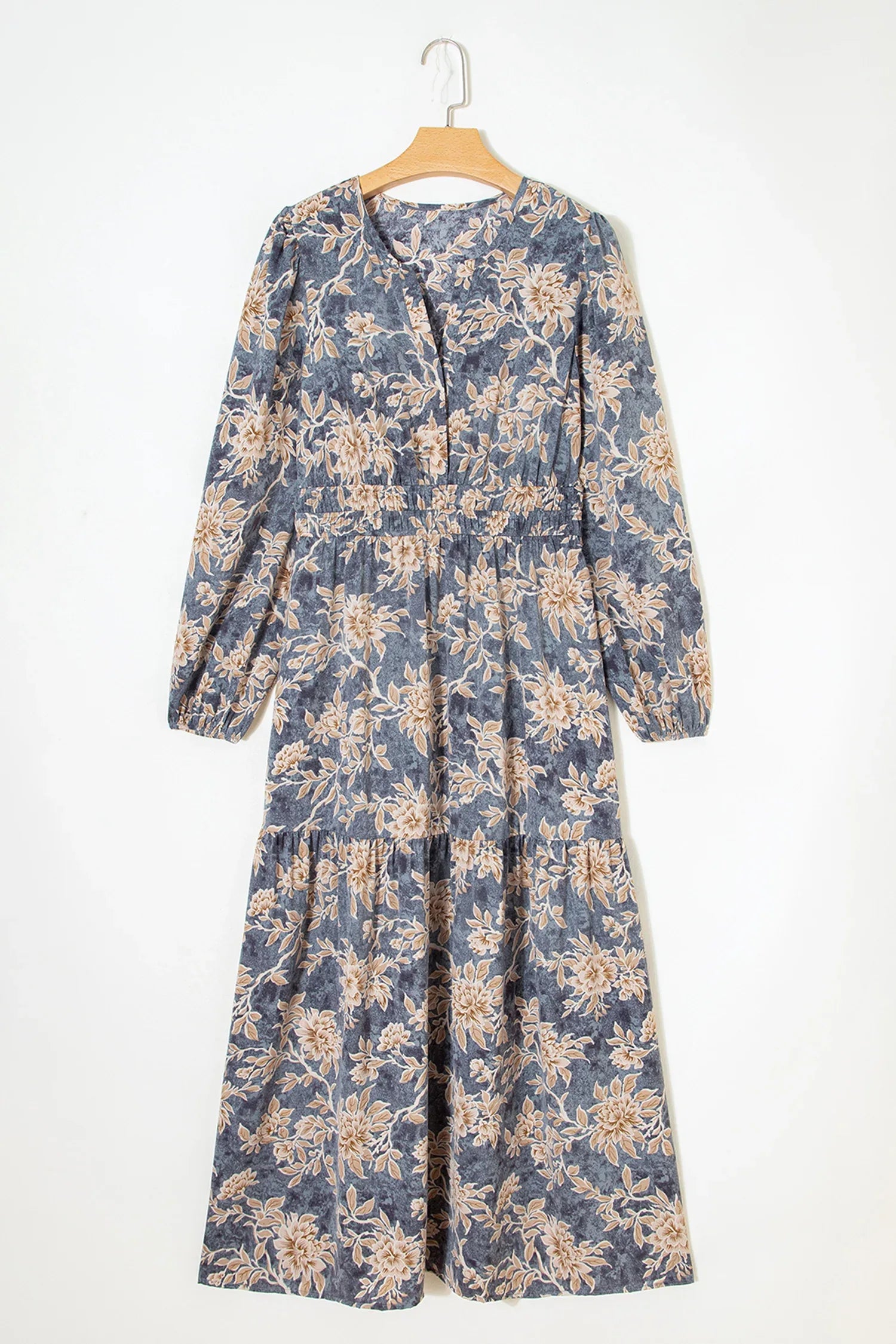 Sky Blue Floral Print Smocked High Waist Long Sleeve Maxi Dress - MarkoFit