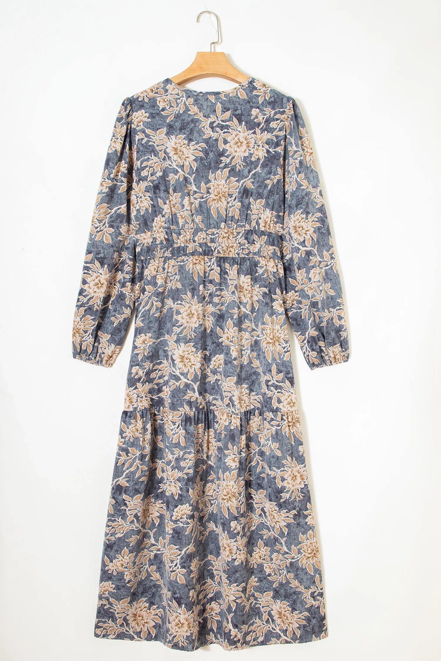 Sky Blue Floral Print Smocked High Waist Long Sleeve Maxi Dress - MarkoFit