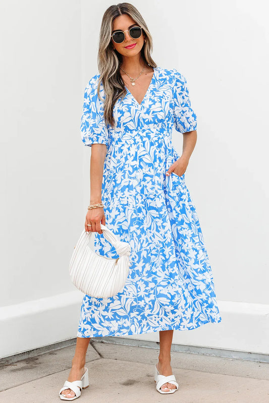 Sky Blue Floral V Neck Puff Short Sleeve Flowy Long Dress - MarkoFit