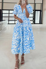 Sky Blue Floral V Neck Puff Short Sleeve Flowy Long Dress - MarkoFit