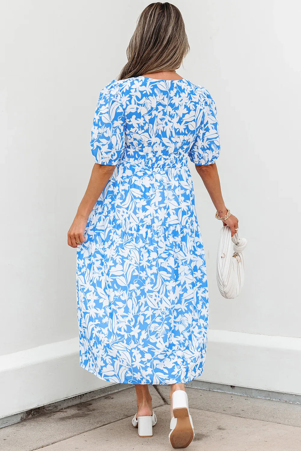 Sky Blue Floral V Neck Puff Short Sleeve Flowy Long Dress - MarkoFit