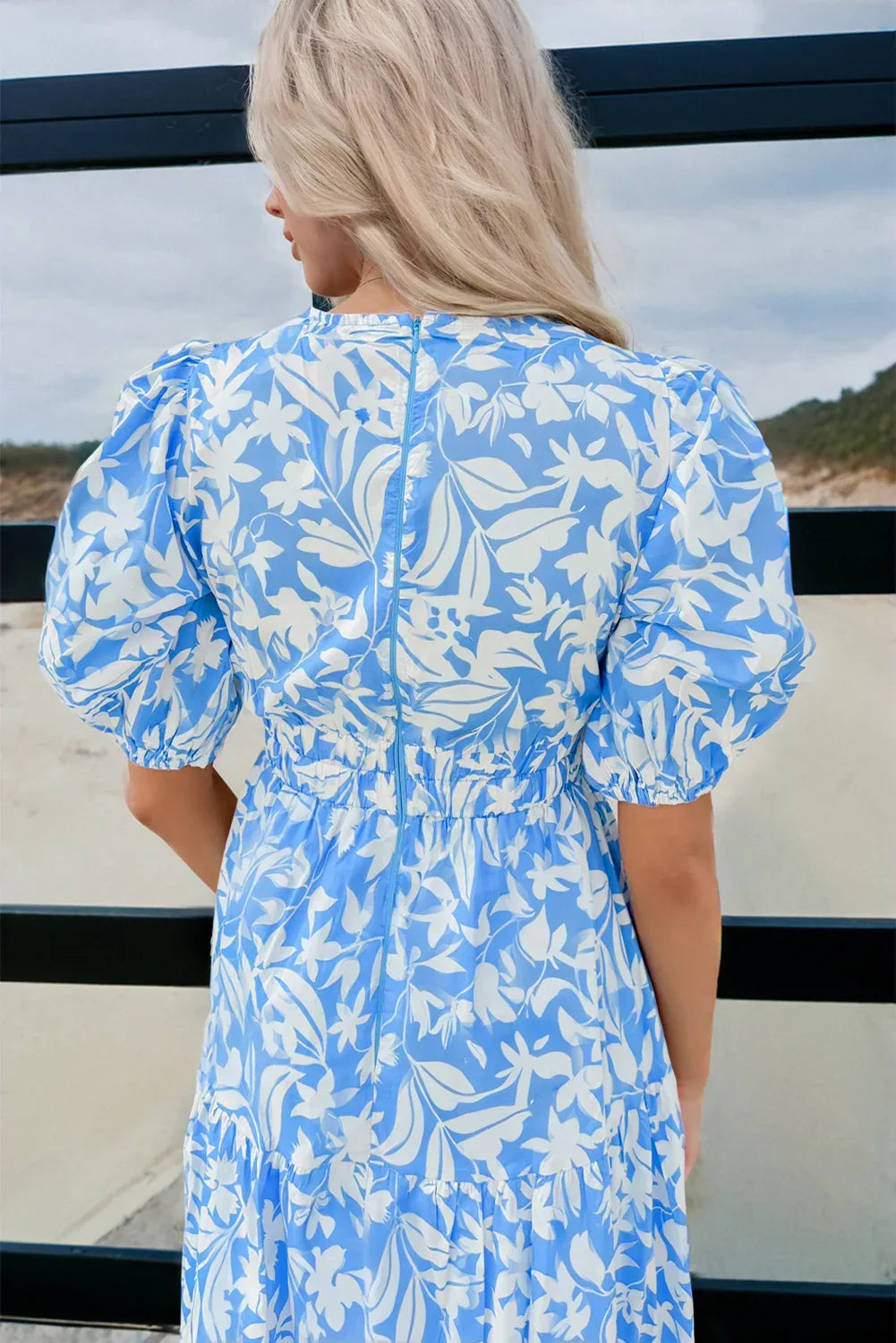 Sky Blue Floral V Neck Puff Short Sleeve Flowy Long Dress - MarkoFit