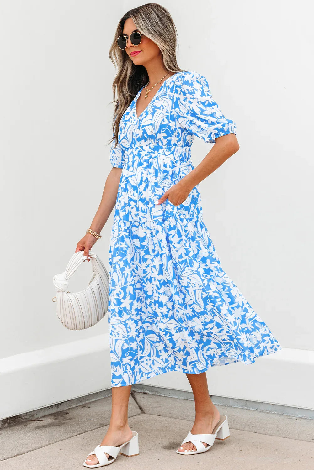 Sky Blue Floral V Neck Puff Short Sleeve Flowy Long Dress - MarkoFit