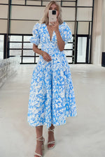 Sky Blue Floral V Neck Puff Short Sleeve Flowy Long Dress - MarkoFit