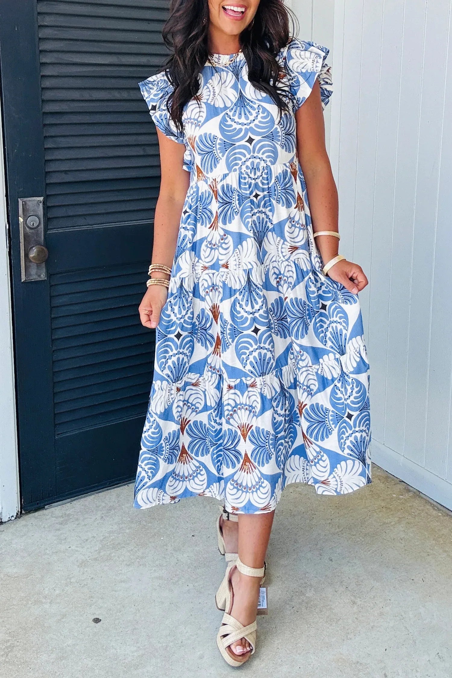 Sky Blue Tropical Botanic Print Flutter Sleeve Vacation Long Dress - MarkoFit