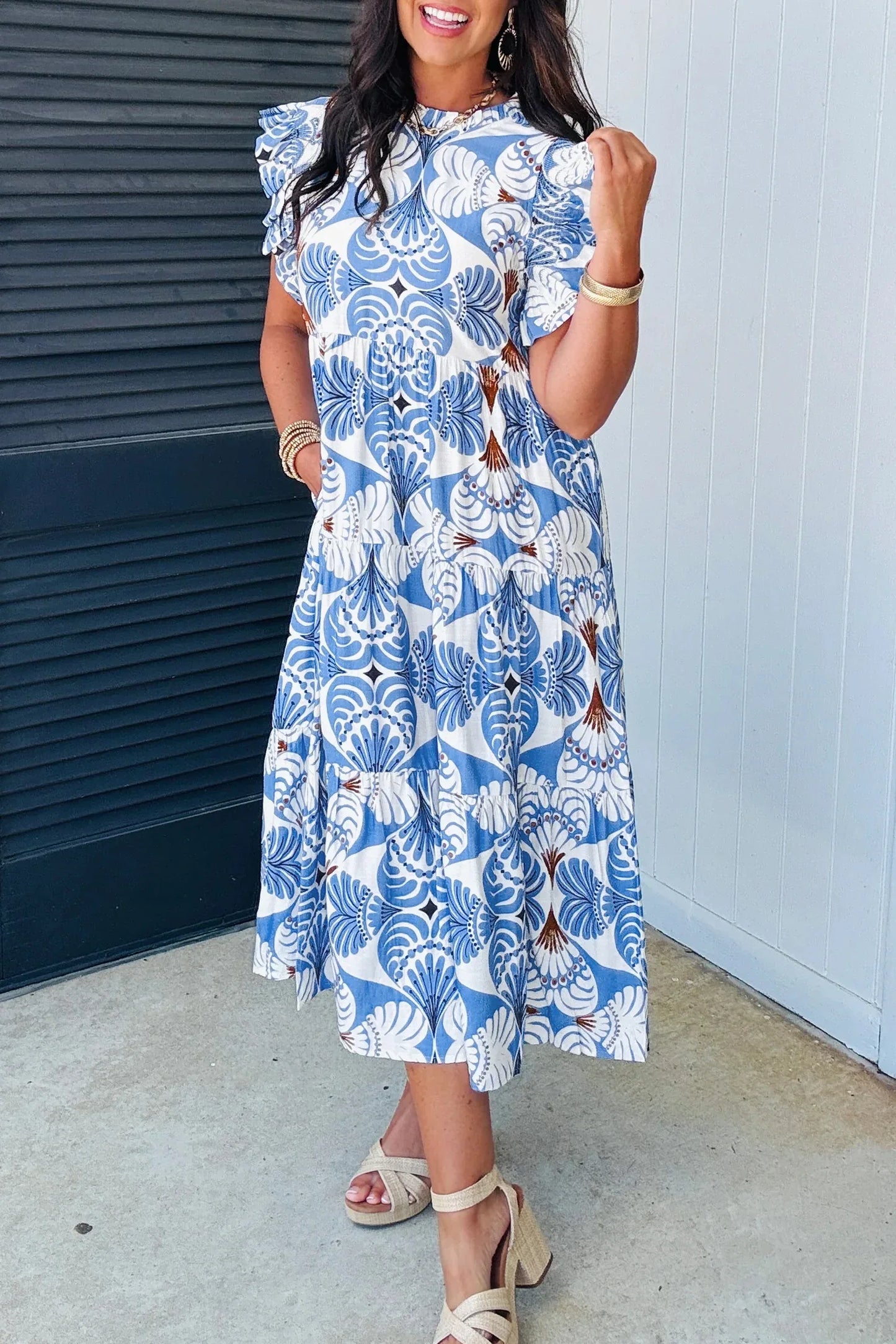 Sky Blue Tropical Botanic Print Flutter Sleeve Vacation Long Dress - MarkoFit