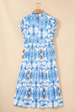 Sky Blue Tropical Botanic Print Flutter Sleeve Vacation Long Dress - MarkoFit
