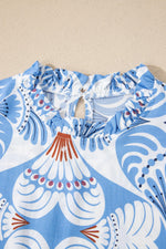 Sky Blue Tropical Botanic Print Flutter Sleeve Vacation Long Dress - MarkoFit