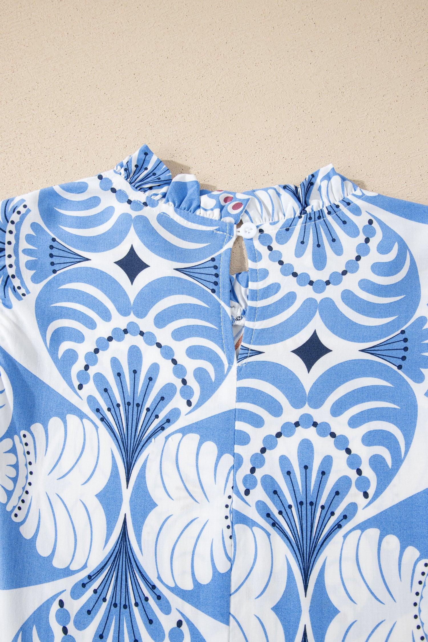 Sky Blue Tropical Botanic Print Flutter Sleeve Vacation Long Dress - MarkoFit