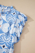 Sky Blue Tropical Botanic Print Flutter Sleeve Vacation Long Dress - MarkoFit