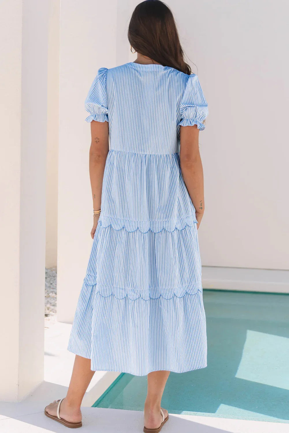 Sky Blue Stripe Bubble Short Sleeve Tiered Scallop Long Dress - MarkoFit
