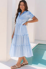 Sky Blue Stripe Bubble Short Sleeve Tiered Scallop Long Dress - MarkoFit