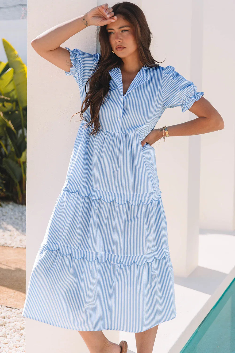 Sky Blue Stripe Bubble Short Sleeve Tiered Scallop Long Dress - MarkoFit