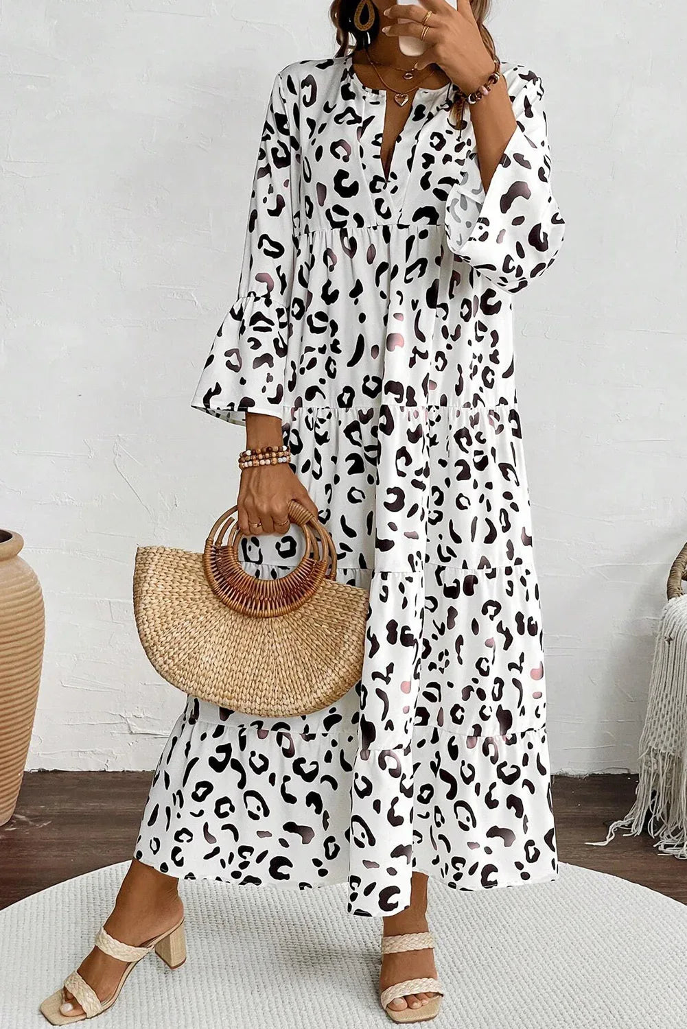 White Leopard Print Notch V Neck Loose Fit Maxi Dress - MarkoFit