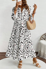 White Leopard Print Notch V Neck Loose Fit Maxi Dress - MarkoFit