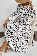White Leopard Print Notch V Neck Loose Fit Maxi Dress - MarkoFit