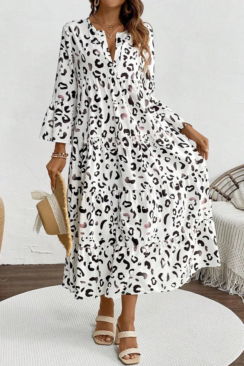 White Leopard Print Notch V Neck Loose Fit Maxi Dress - MarkoFit