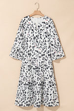 White Leopard Print Notch V Neck Loose Fit Maxi Dress - MarkoFit