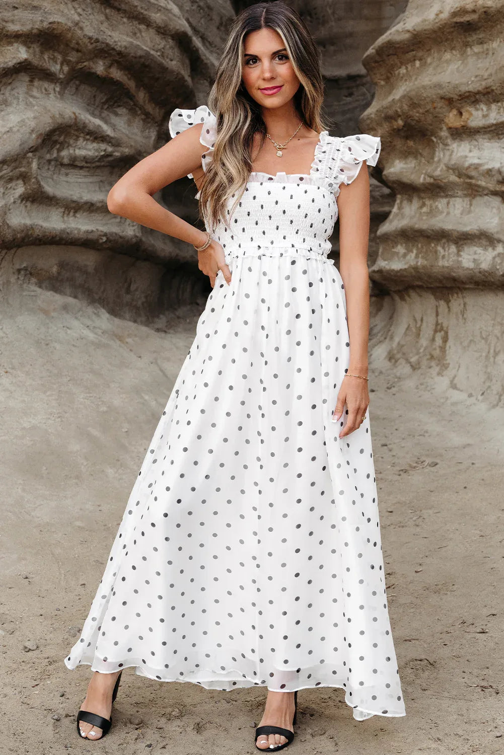 White Polka Dot Flutter Sleeve Square Neck Smocked Maxi Dress - MarkoFit
