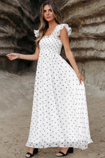 White Polka Dot Flutter Sleeve Square Neck Smocked Maxi Dress - MarkoFit