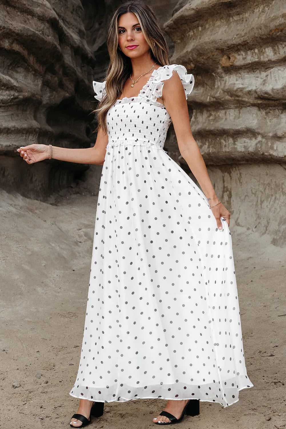 White Polka Dot Flutter Sleeve Square Neck Smocked Maxi Dress - MarkoFit