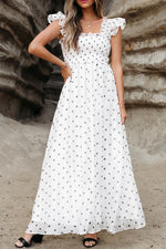 White Polka Dot Flutter Sleeve Square Neck Smocked Maxi Dress - MarkoFit