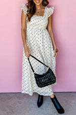 White Polka Dot Flutter Sleeve Square Neck Smocked Maxi Dress - MarkoFit