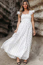 White Polka Dot Flutter Sleeve Square Neck Smocked Maxi Dress - MarkoFit