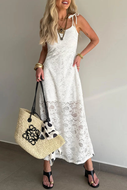 White Tie Spaghetti Straps Floral Lace Overlay Long Dress - MarkoFit