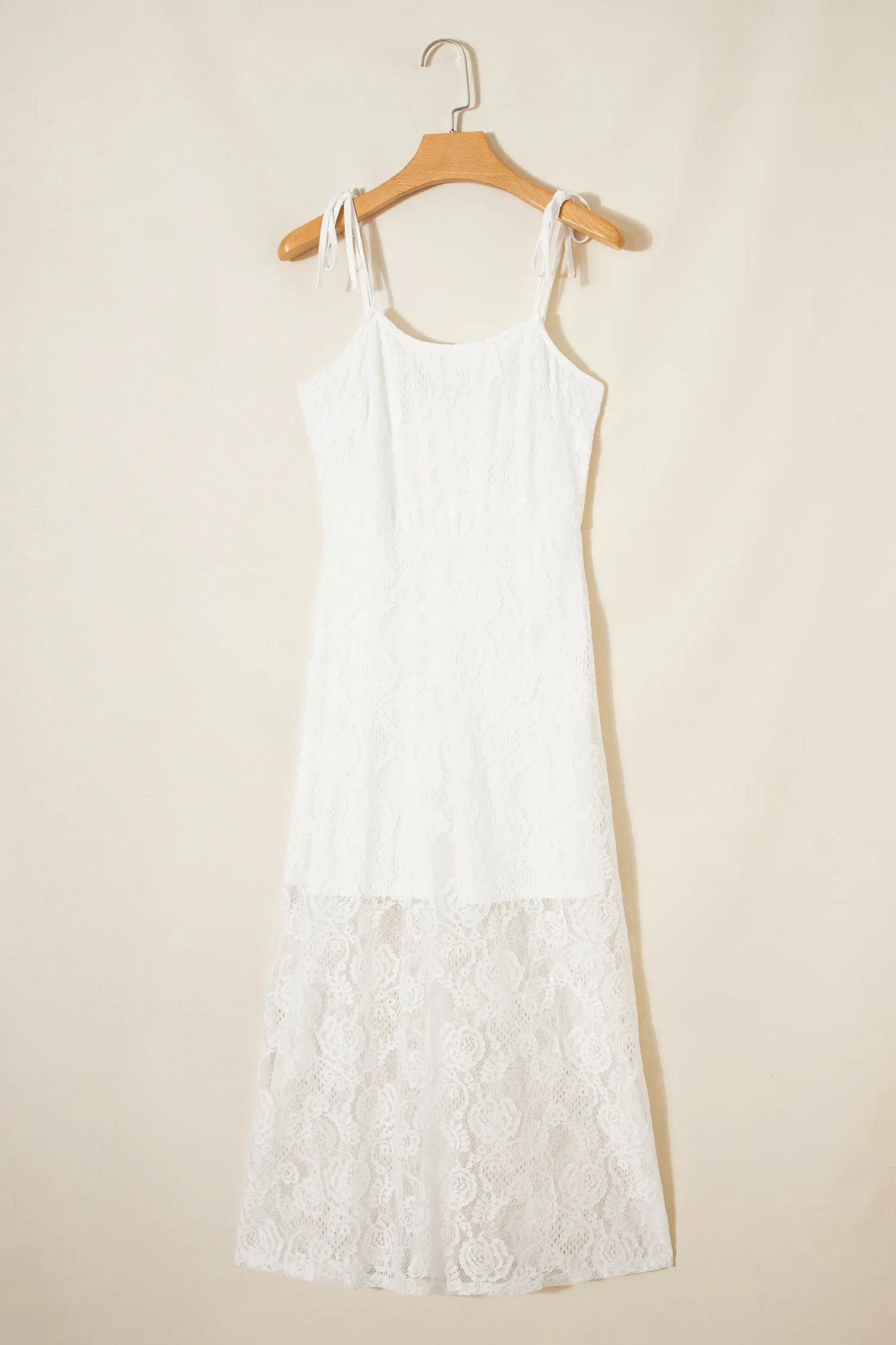 White Tie Spaghetti Straps Floral Lace Overlay Long Dress - MarkoFit