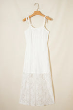 White Tie Spaghetti Straps Floral Lace Overlay Long Dress - MarkoFit