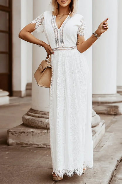 White V Neck High Waist Lace Maxi Dress - MarkoFit
