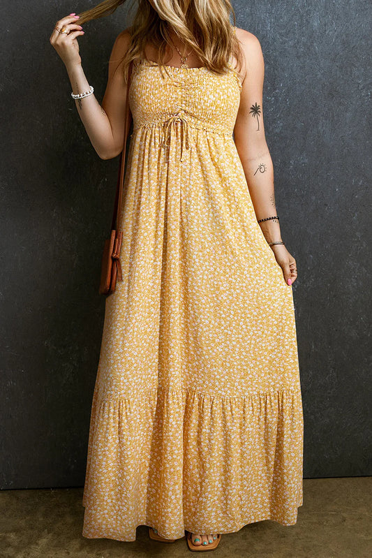 Yellow Frilly Smocked High Waist Floral Maxi Dress - MarkoFit