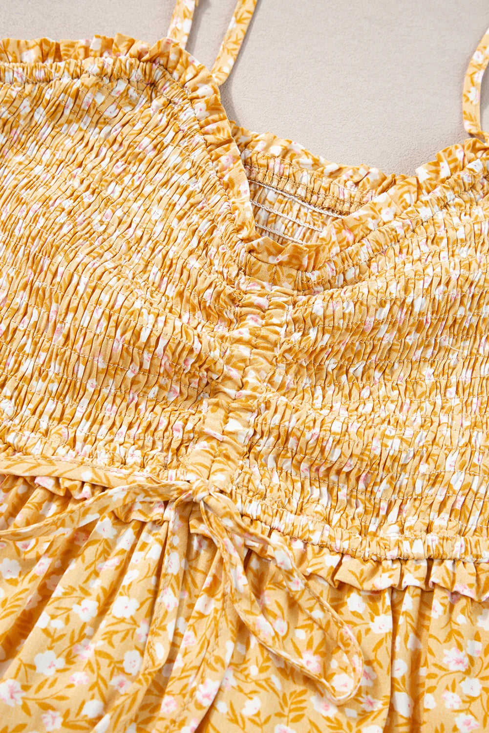 Yellow Frilly Smocked High Waist Floral Maxi Dress - MarkoFit