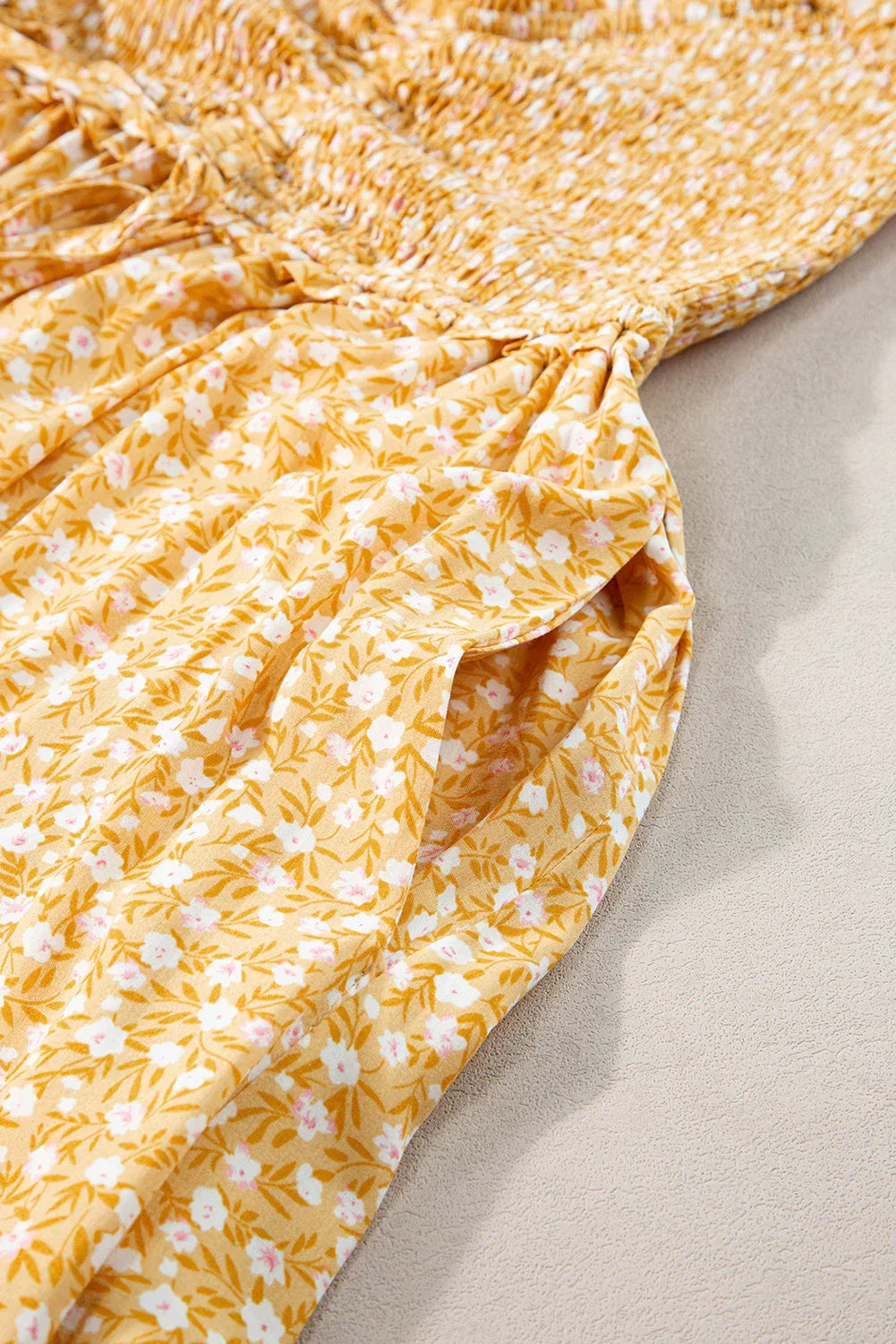 Yellow Frilly Smocked High Waist Floral Maxi Dress - MarkoFit
