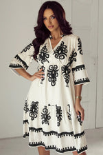 Beige Western Geometric Print 3/4 Sleeve Loose Midi Dress - MarkoFit