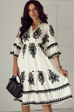 Beige Western Geometric Print 3/4 Sleeve Loose Midi Dress - MarkoFit
