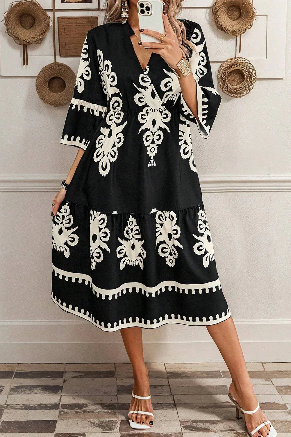 Black Western Geometric Print 3/4 Sleeve Loose Midi Dress - MarkoFit
