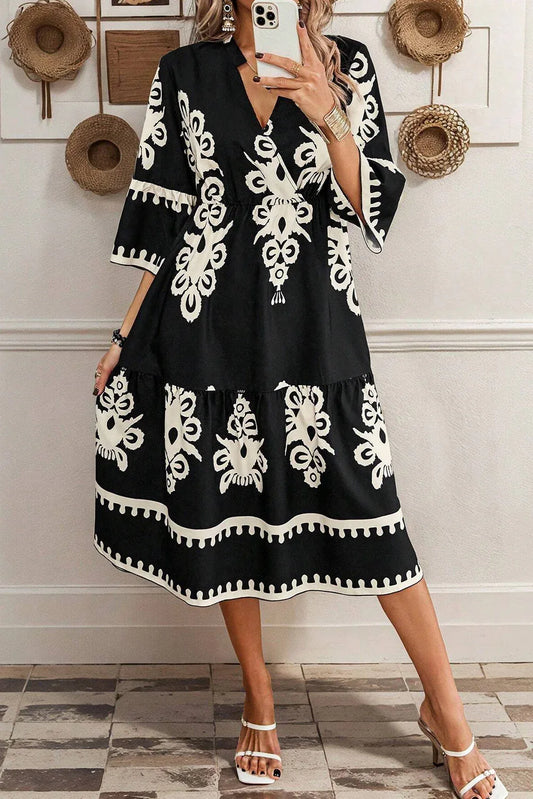 Black Western Geometric Print 3/4 Sleeve Loose Midi Dress - MarkoFit