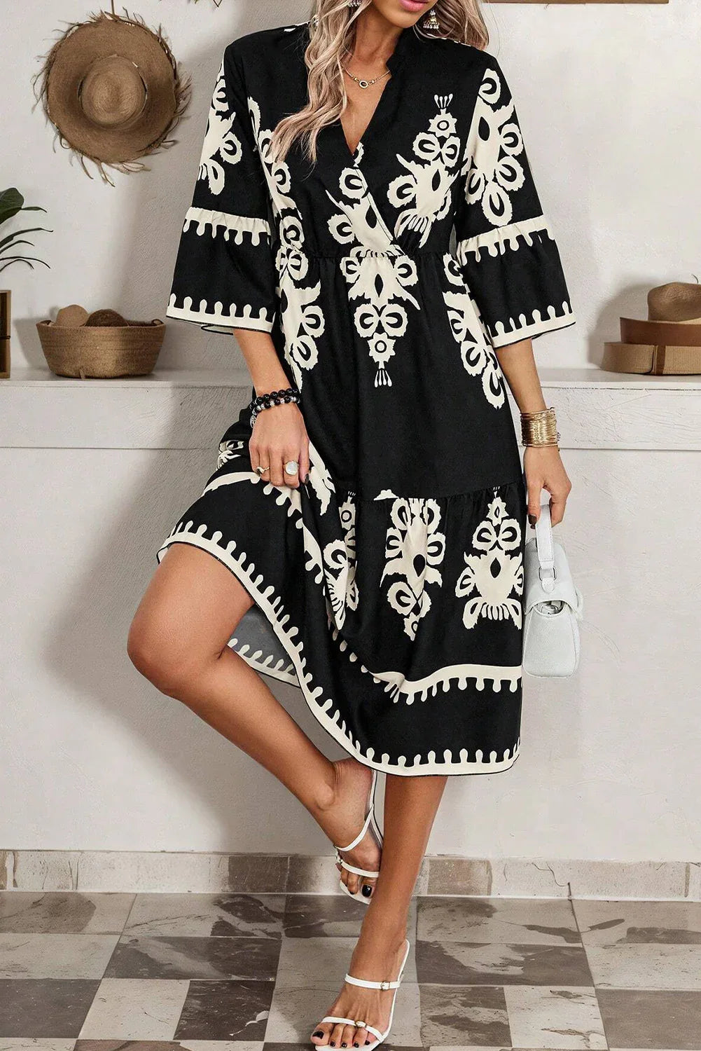 Black Western Geometric Print 3/4 Sleeve Loose Midi Dress - MarkoFit