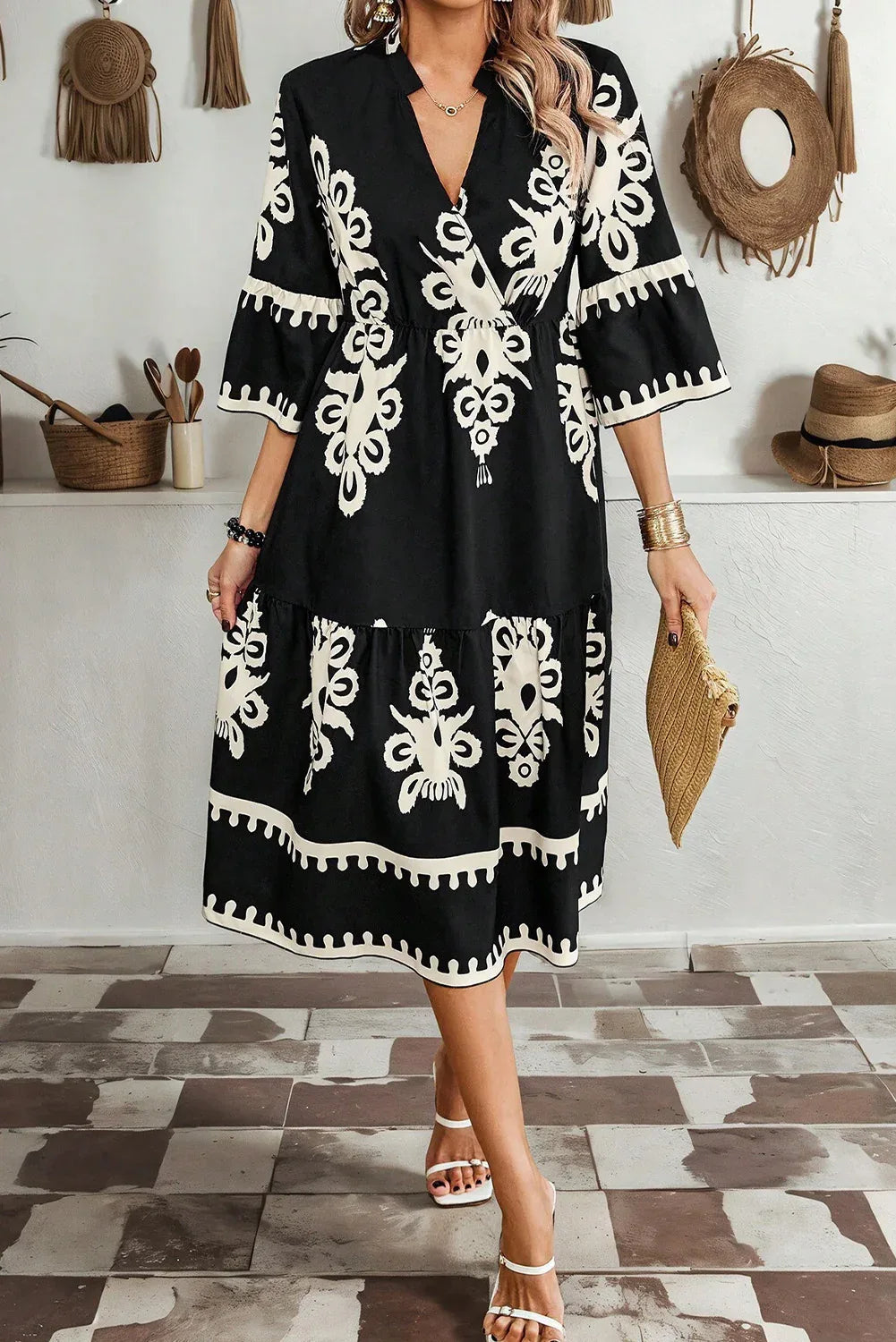 Black Western Geometric Print 3/4 Sleeve Loose Midi Dress - MarkoFit